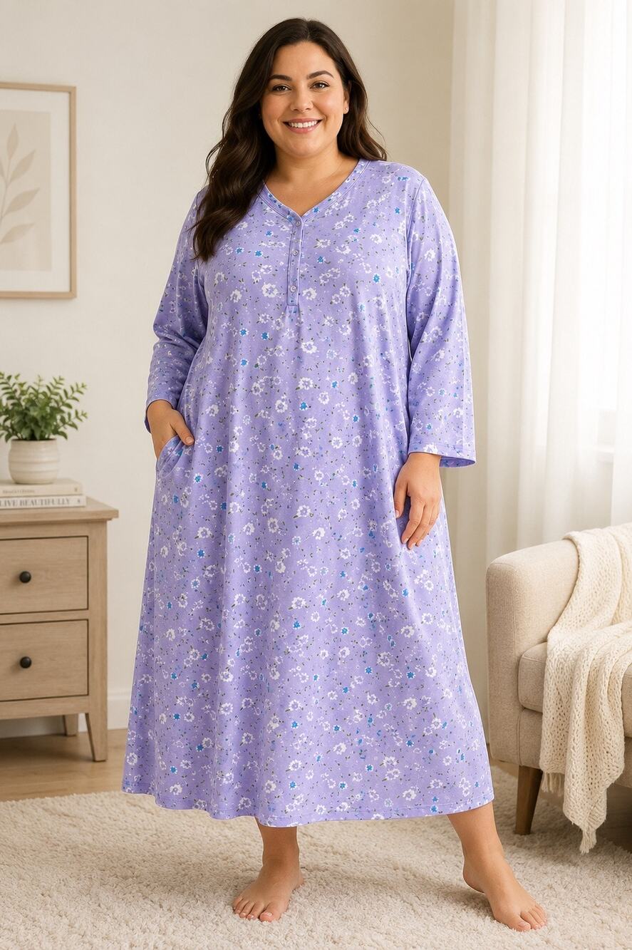 EKOUAER 4X Purple Floral House Dress Nightgown Long Sleeve Pockets Sleepwear